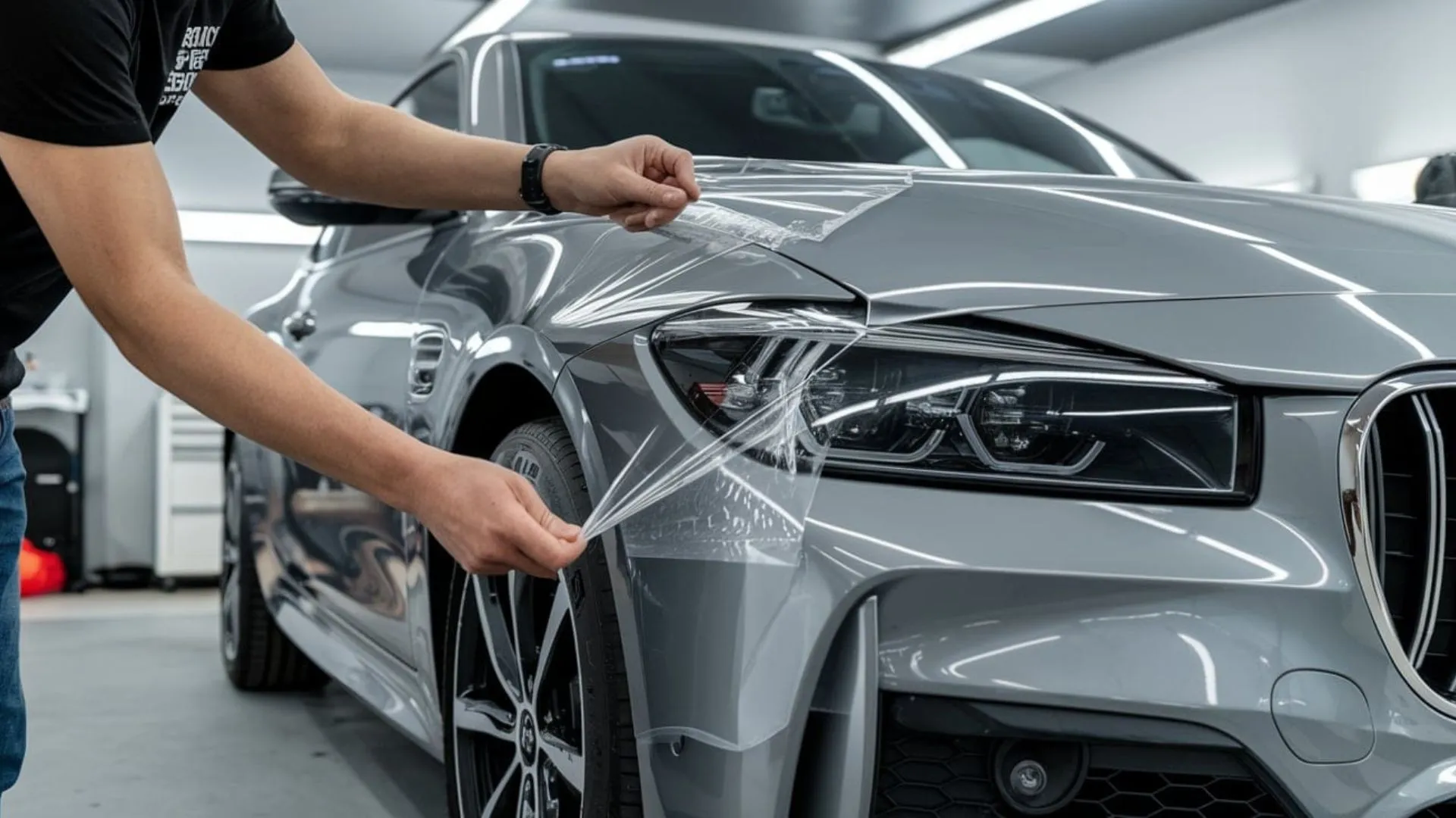 Technician applying paint protection film to a car panel